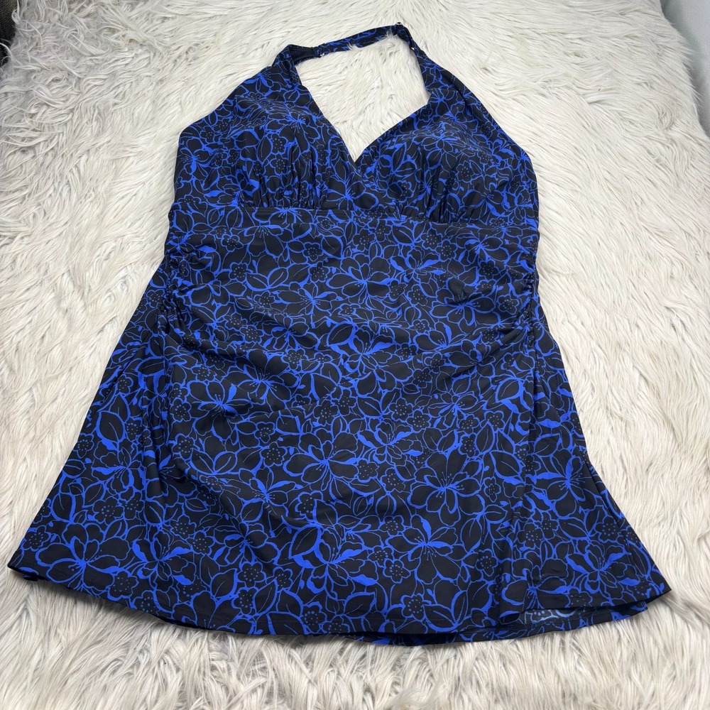 L.L. Bean Women's 22W Shaping Swimwear Clasp Halter Dress Print Blue Floral - Picture 1 of 5